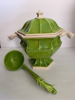 Vintage Green Ceramic Covered Soup Tureen with Ladle